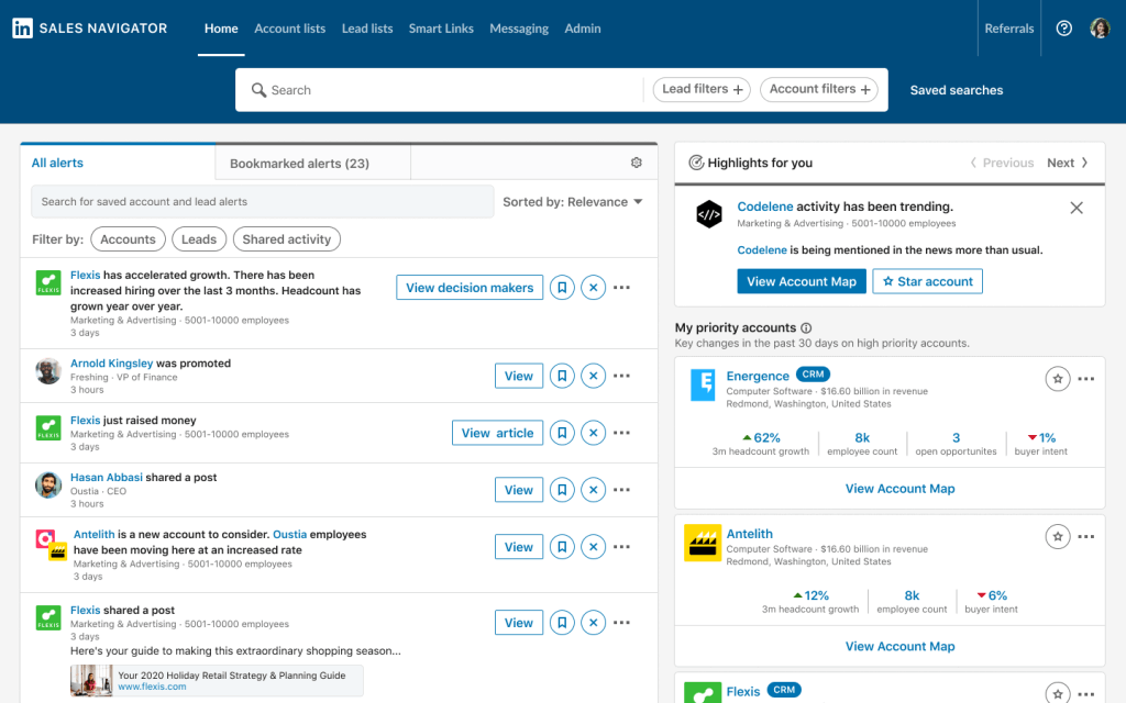 Screenshot da nova página inicial do LinkedIn Sales Navigator