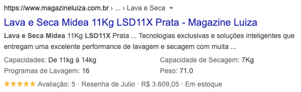 Exemplo de resultados aprimorados em uma página do Magalu