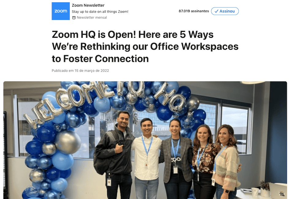 Artigo que integra a newsletter do Zoom no LinkedIn